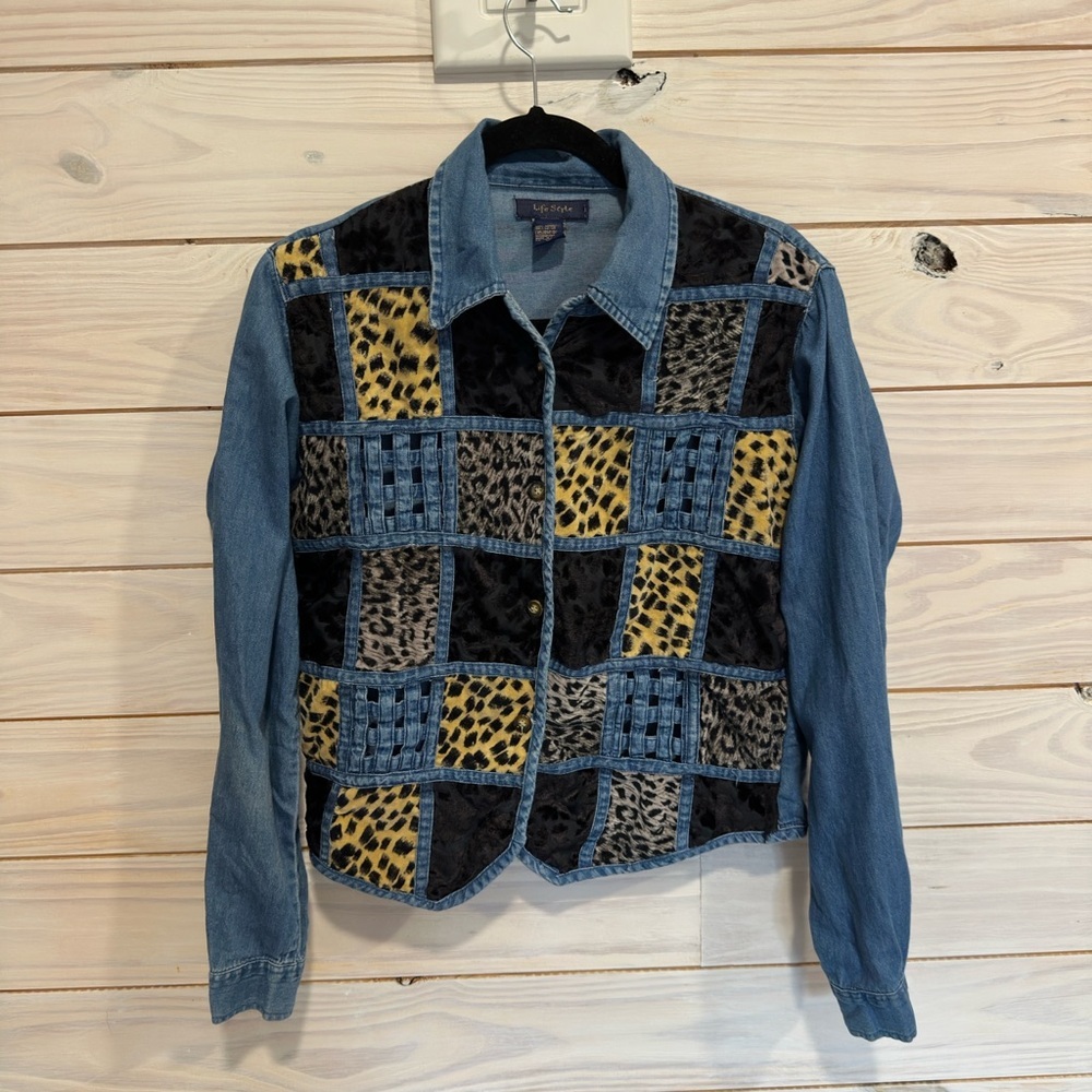 Patchwork Animal Print Jean Schacket - image 1